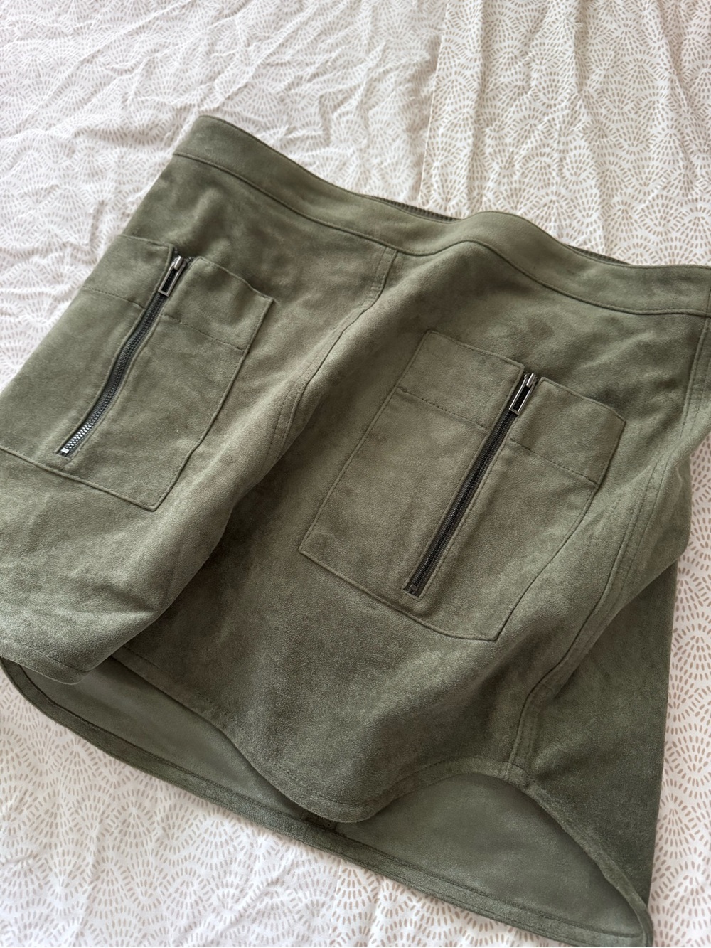 BCBG Max Azria stretch suede mini skirt with curved sides medium olive green